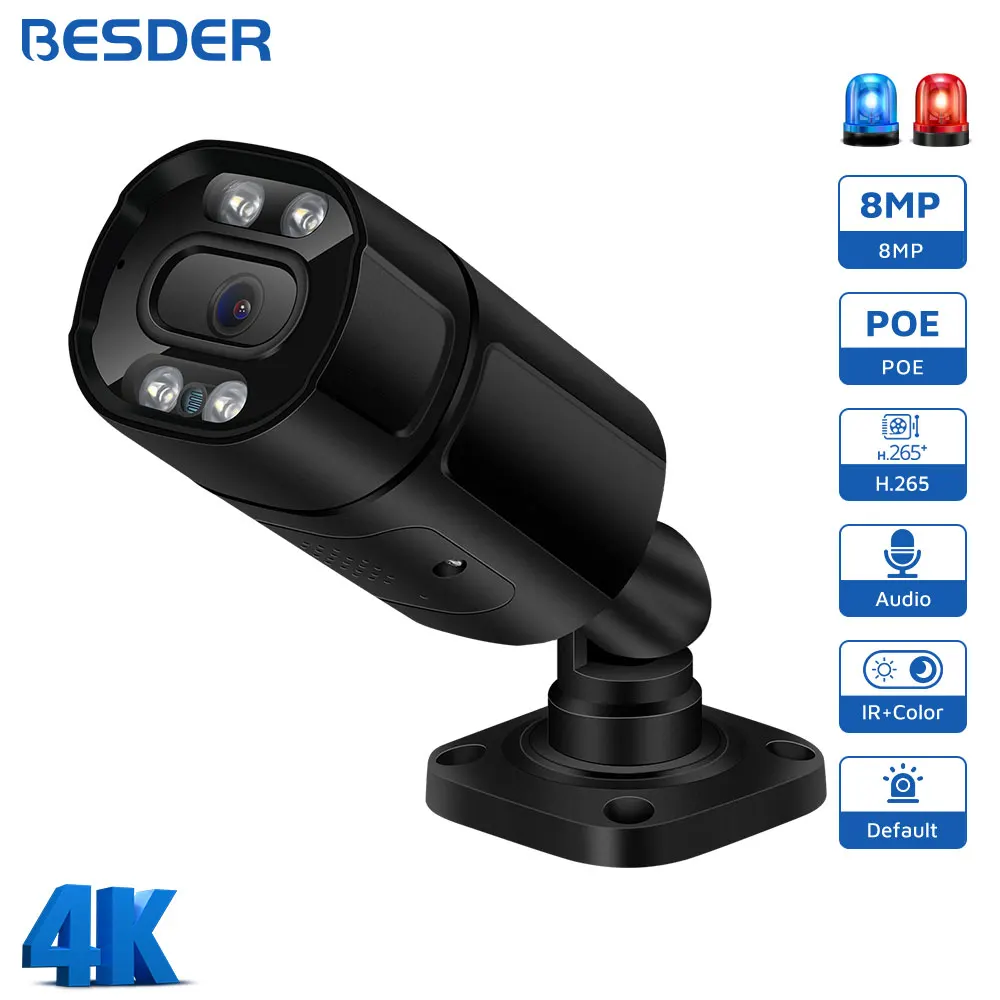 

BESDER 4K 8MP HD IP камера наружная Водонепроницаемая AI Обнаружение движения металлическая пуля Onvif PoE 48V CCTV камера распознавание лица для NVR