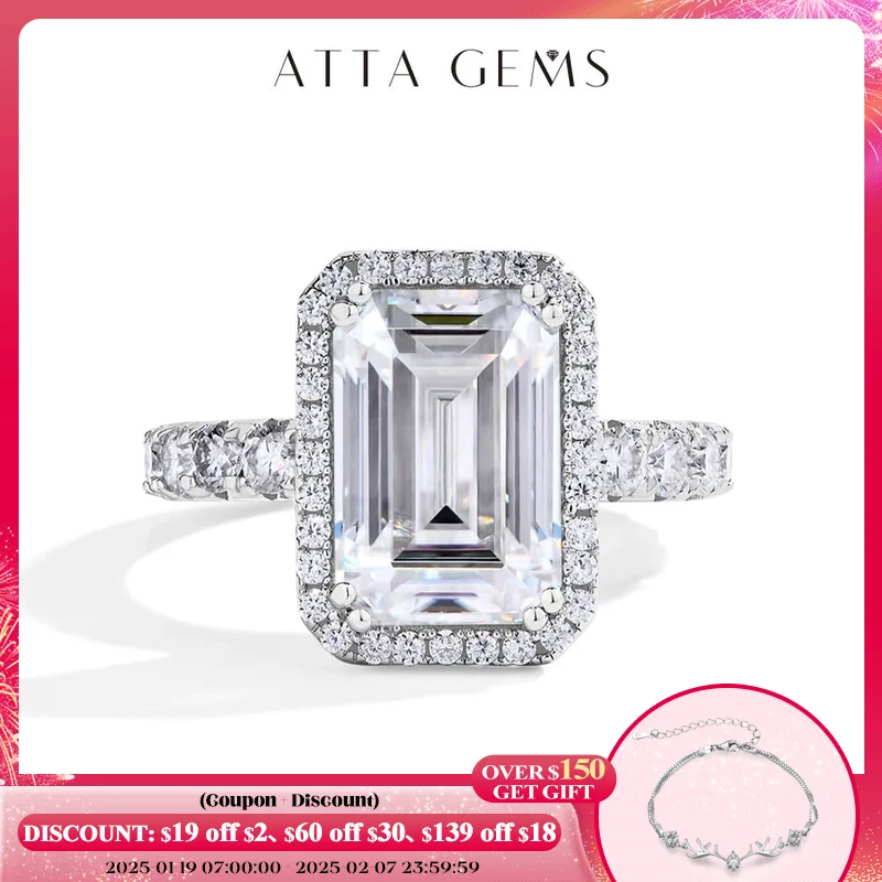 ATTAGEMS New 4.6CT Emerald Cut Moissanite Ring for Women Real S925 Silver 18K Gold Plated Engagement Wedding Jewelry Top Quality