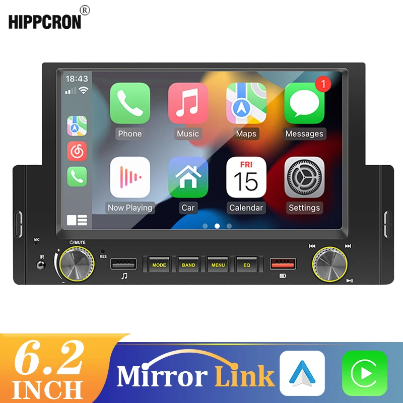 

Hippcron Car Radio 1din CarPlay Android Auto Bluetooth Multimedia Video MP5 Player 6.2inch Touch Screen With Remote Control