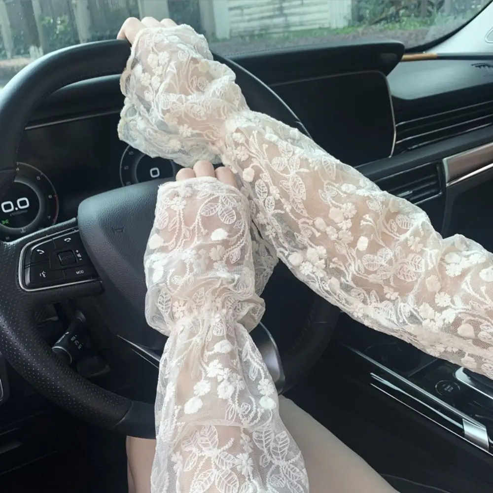 1 pair Half Finger Long Gloves Lace lace Lace Sunscreen Gloves Hollowed out Mesh Lace Sun Protection Sleeve Long Thin Driving