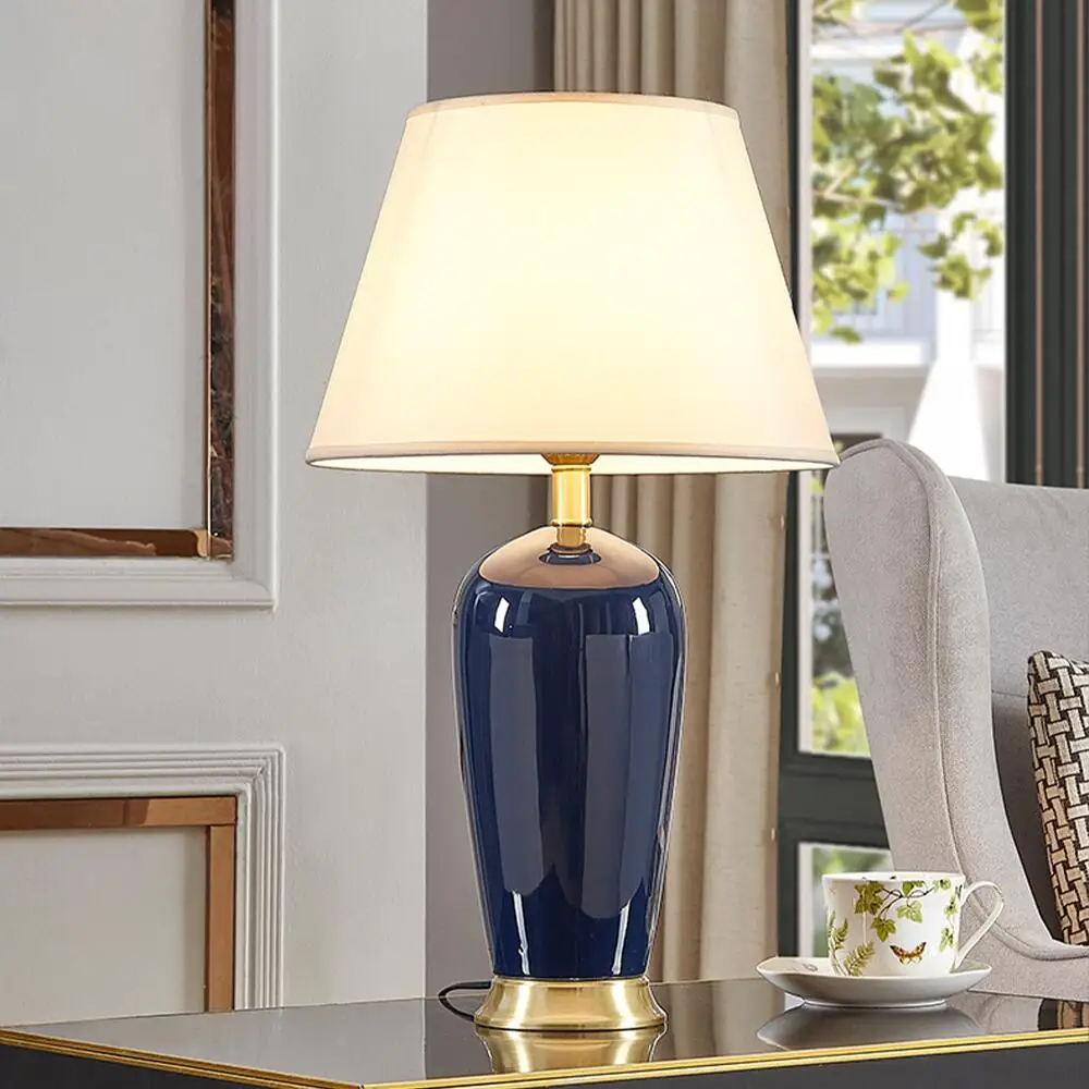 Ceramic Table Lamp Room Decor American Light Luxury Bedroom Bedside Lamp Living Room Dark Blue Remote Control Desk Lamp