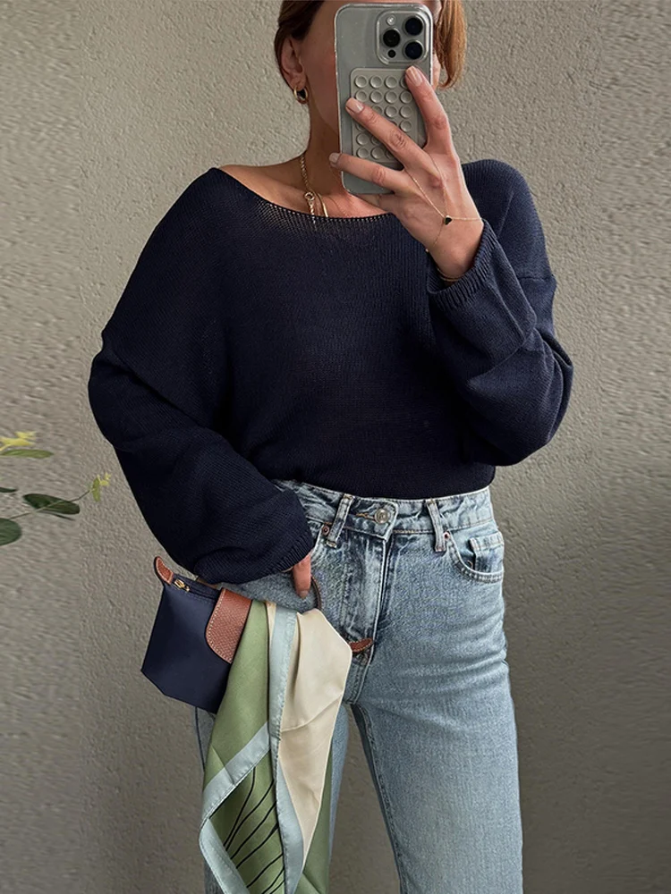 

Fashion Women O-neck Thin Knitted Sweater Solid Long Sleeve Loose Crochet Pullover 2025 Summer Fall Lady Knitwear Streetwear