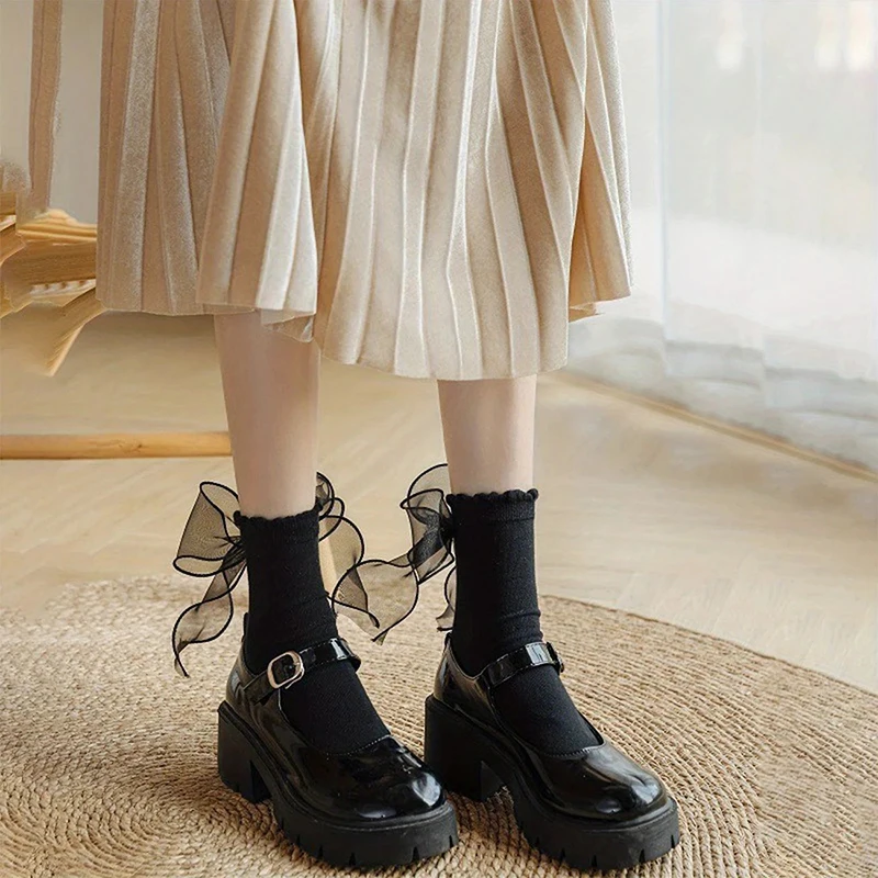 1/3 Paar Männer Frauen Bogen Plissee Socken Modische Band Süße Prinzessin Stil Salat Grenze Atmungsaktive Paar Casual Socken – Detail 8