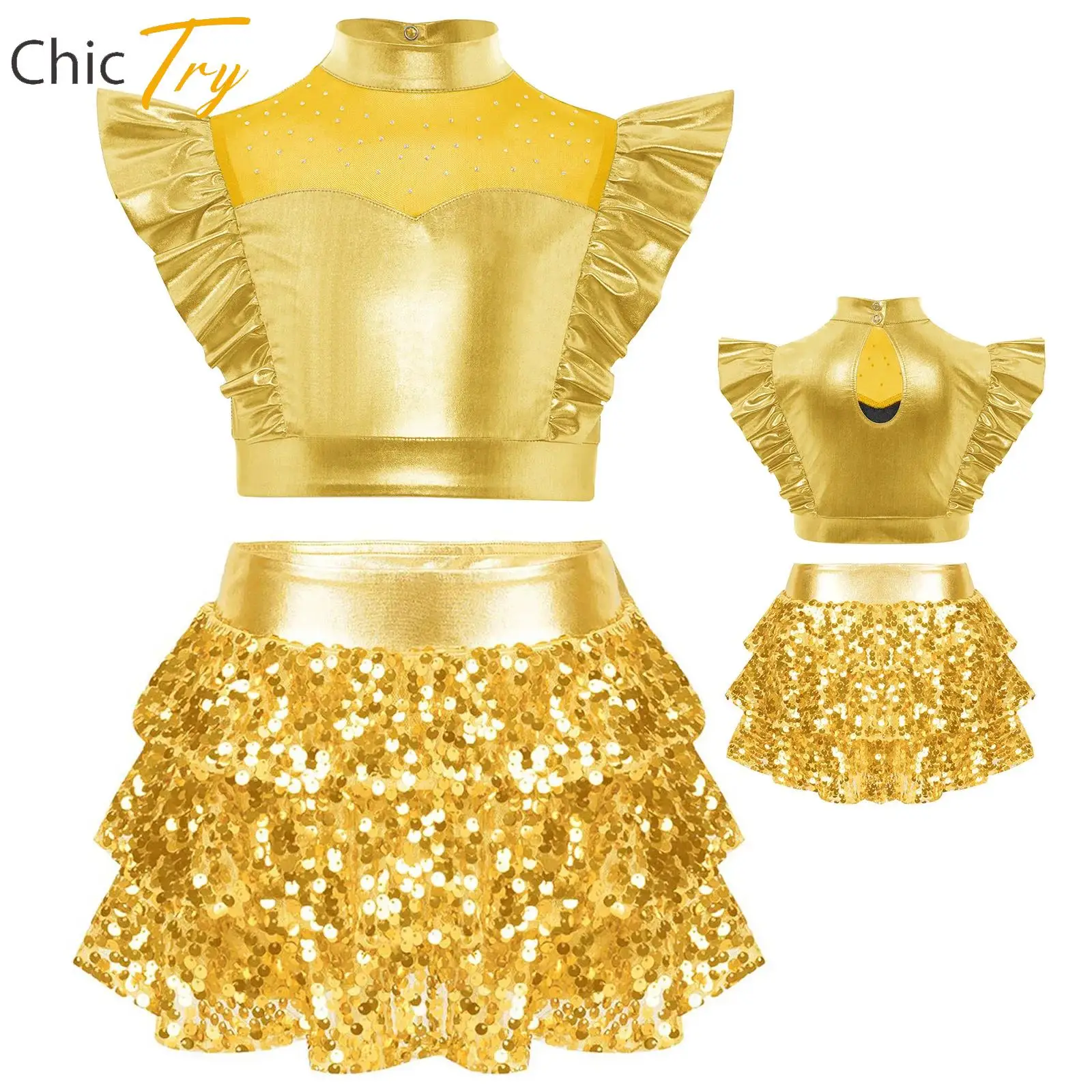 

Shiny Sequins Hip-Hop Jazz Dance Outfit Girls Dance Party Stage Performance Costume Rhinestone Metallic Crop Top with Culottes