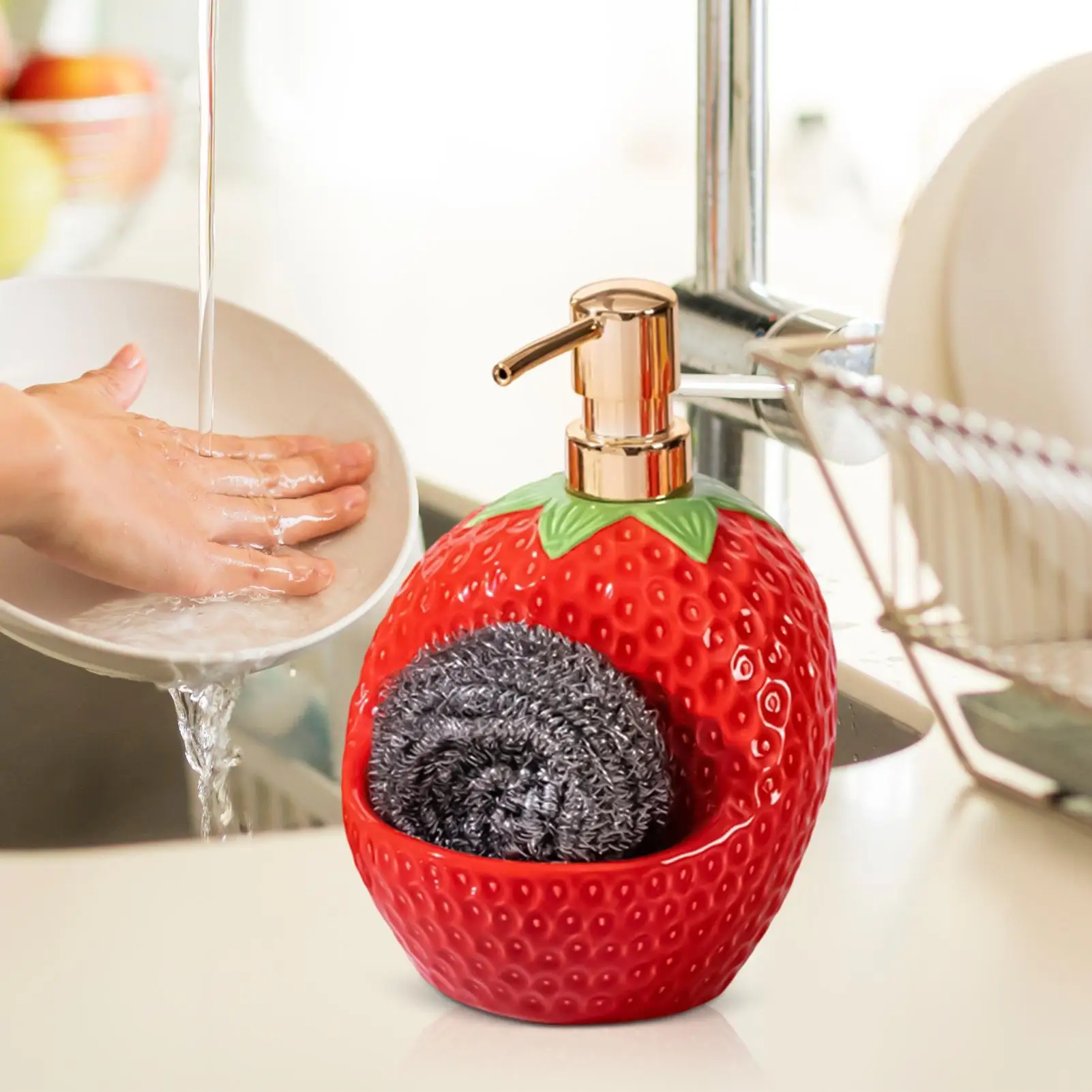 

Soap Dispenser 20 Oz Strawberry Shape Ceramic Refillable Liquid Lotion Bottle Bathroom Hand Soap Dispenser with Sponge Holder