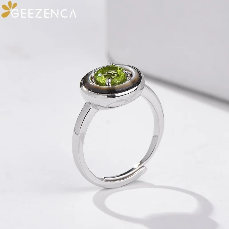 GEEZENCA 925 Sterling Silver Peridot Birthstone Round Open Ring Women Black Mother of Pearl Simple Trendy Stack Rings Party Gift