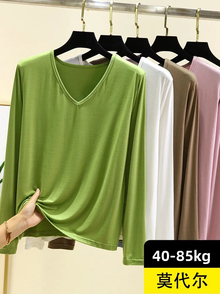 

Футболка из модала Long Sve, женский тонкий повседневный топ с v-образным вырезом, большие размеры, утягивающий базовый слой, удобная свободная посадка, повседневная одежда