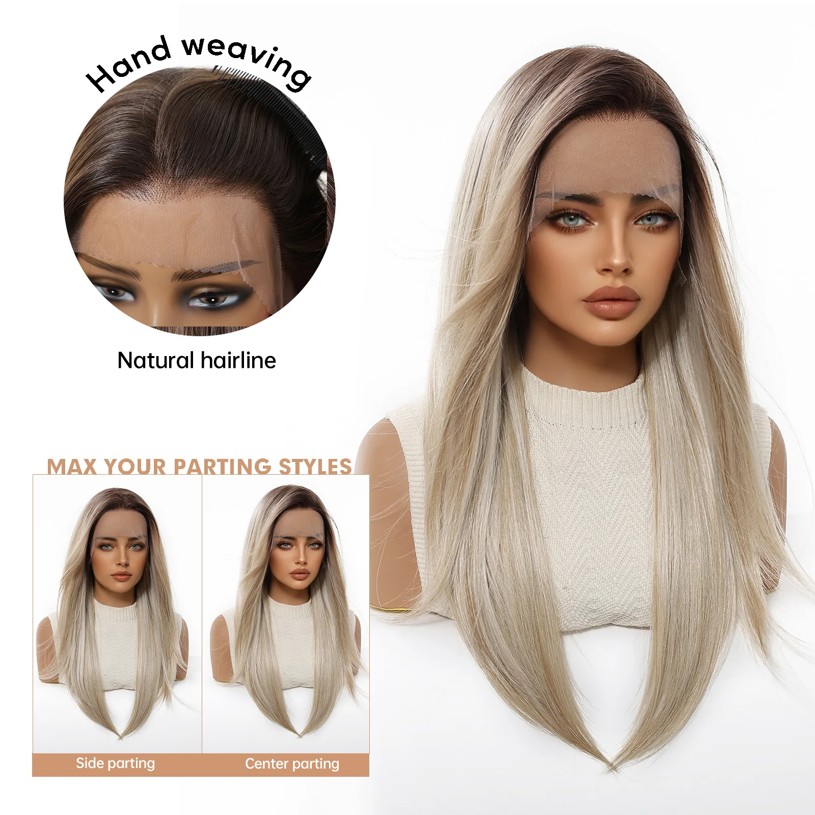 วิกผมสังเคราะห์แบบตรงสีน้ำตาลอมบลอนด์ไล่เฉดสี สำหรับผู้หญิง ยาว 22 นิ้ว วิกผมทรงเลเยอร์ธรรมชาติ พร้อมโคนผมสีเข้ม  ฐานลูกไม้ 13*6