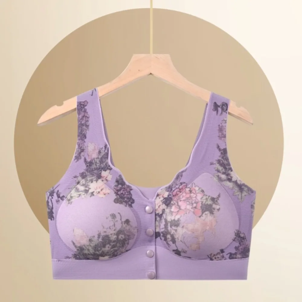 Sutiã floral sem fio para mulheres, tamanho grande, fivela frontal, roupa interior sem costura, lingerie feminina, sutiã push up para mãe