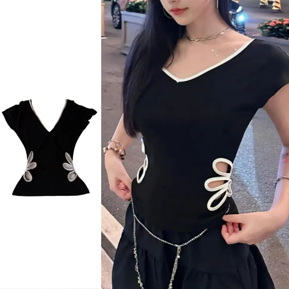 Soft Sweet Short Sleeve T Shirt Vintage Hollow Flower V Neck T Shirt Chic Undershirt Sleeveless Crop Top Summer