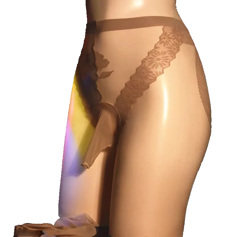 Lace 3D Thin Sexy Men Oil Shiny Sockings Glossy U Convex Pouch Perspective Tight Stockings High Elasticity Pantyhose