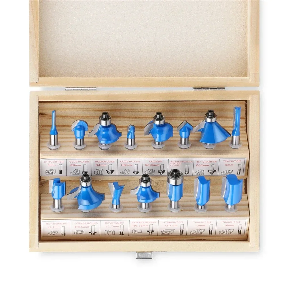 12PCS/15PCS 6.35mm Shank Router Bits Set Trimming Straight Beading Milling Cutter Tungsten Carbide Cutting Woodworking Tools