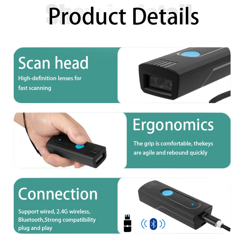 Imagem -06 - Mini Scanner de Código de Barras de Bolso sem Fio Bluetooth Carga Instantânea ou Modo de Armazenamento Suporte Opcional Ios Android Windows System