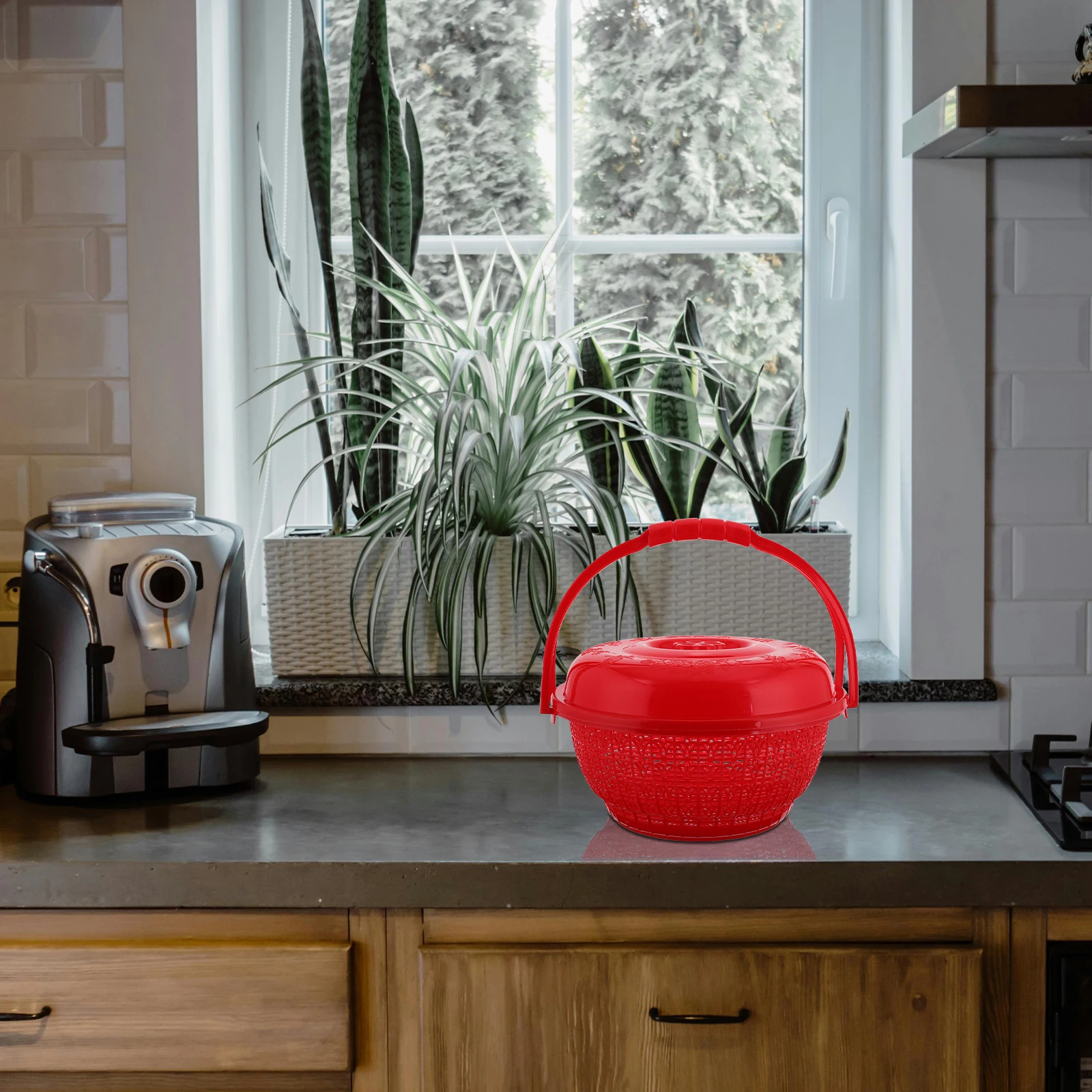 

Red Round Hand Basket for Fruit Vegetable Egg Bread Storage Multifunctional Kitchen Container Pantry Organization Produce Wire