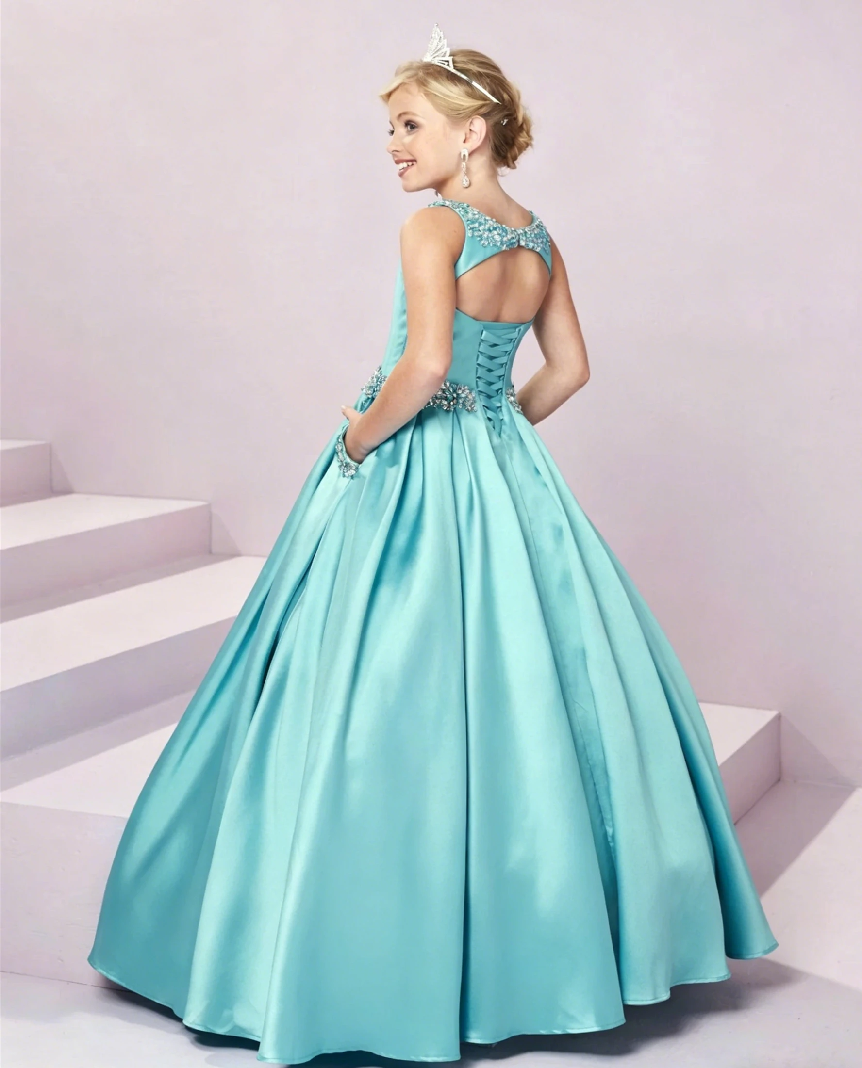 Customized Flower Girl Dress for Wedding Glitter Sleeveless High Waist Floor Length Elegant Kids Birthday First Communion Gown