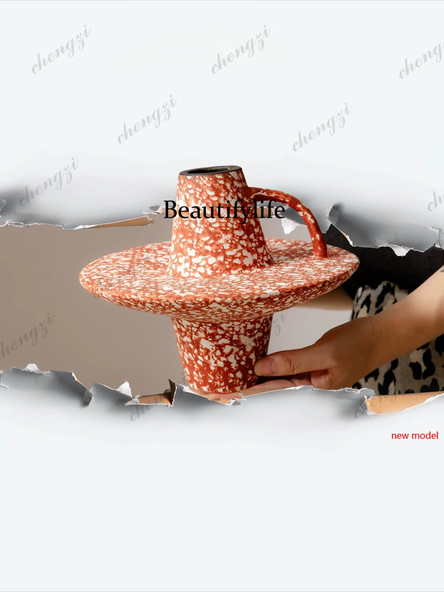 H178Retro red rust pattern ceramic vase, high-end living room decoration ornament