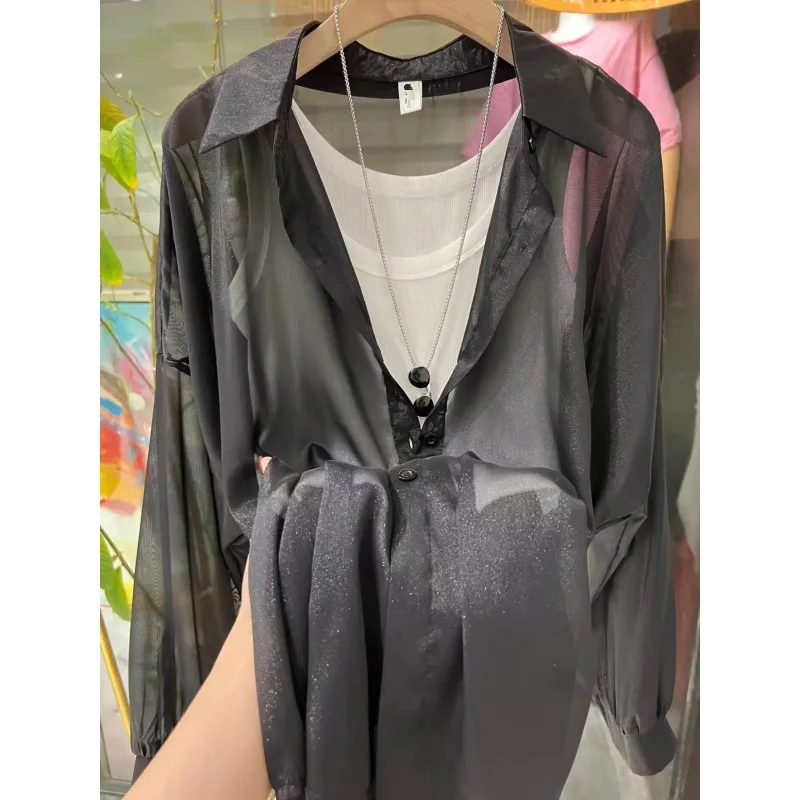 JIAYAN 2025 New Chiffon Blouse Women Shirt Top Pearlescent Yarn Sunscreen Clothing Women's Loose Lantern Sleeve Shirts