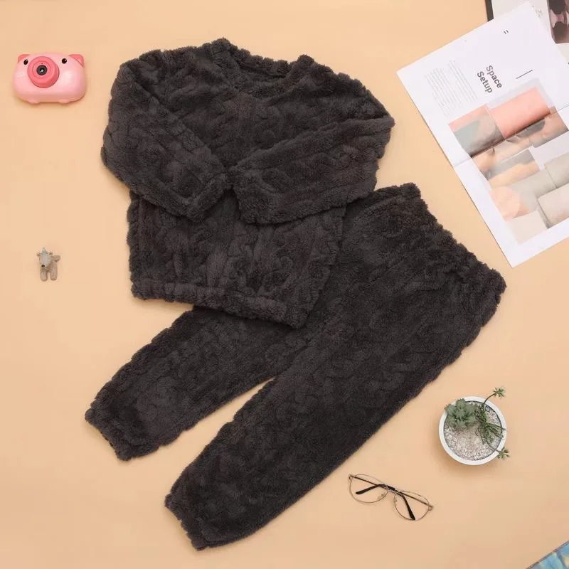 2Pcs/set children\'s coral velvet homewear thickened padded warm pajamas men and women multicolor long-sleeved long pants pajamas