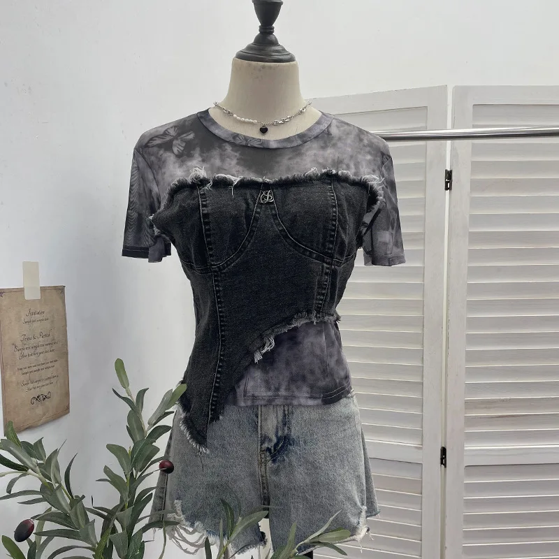 Y2K T-shirt Women Tie Dye Sheer Mesh Spliced Raw Frayed Edge Vintage Distressed Denim Short Sleeve Crop Tee Layering Tops 26171