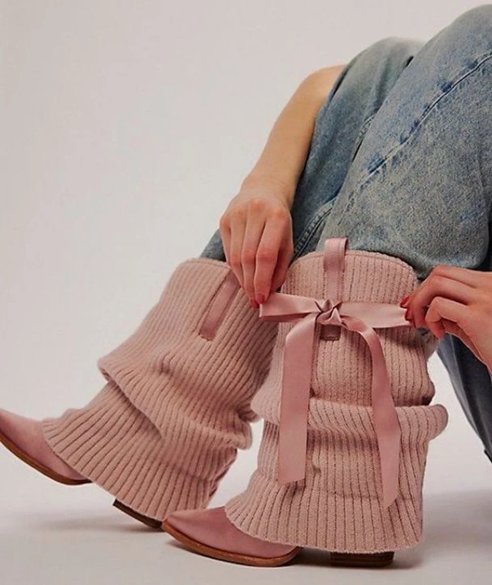 Sweet Pink Ribbed Knit Satin Pointed Toe Cowboy Boots Low Block Heel Satin Bow Accent Slouchy Sweet Western Design Casual Boots