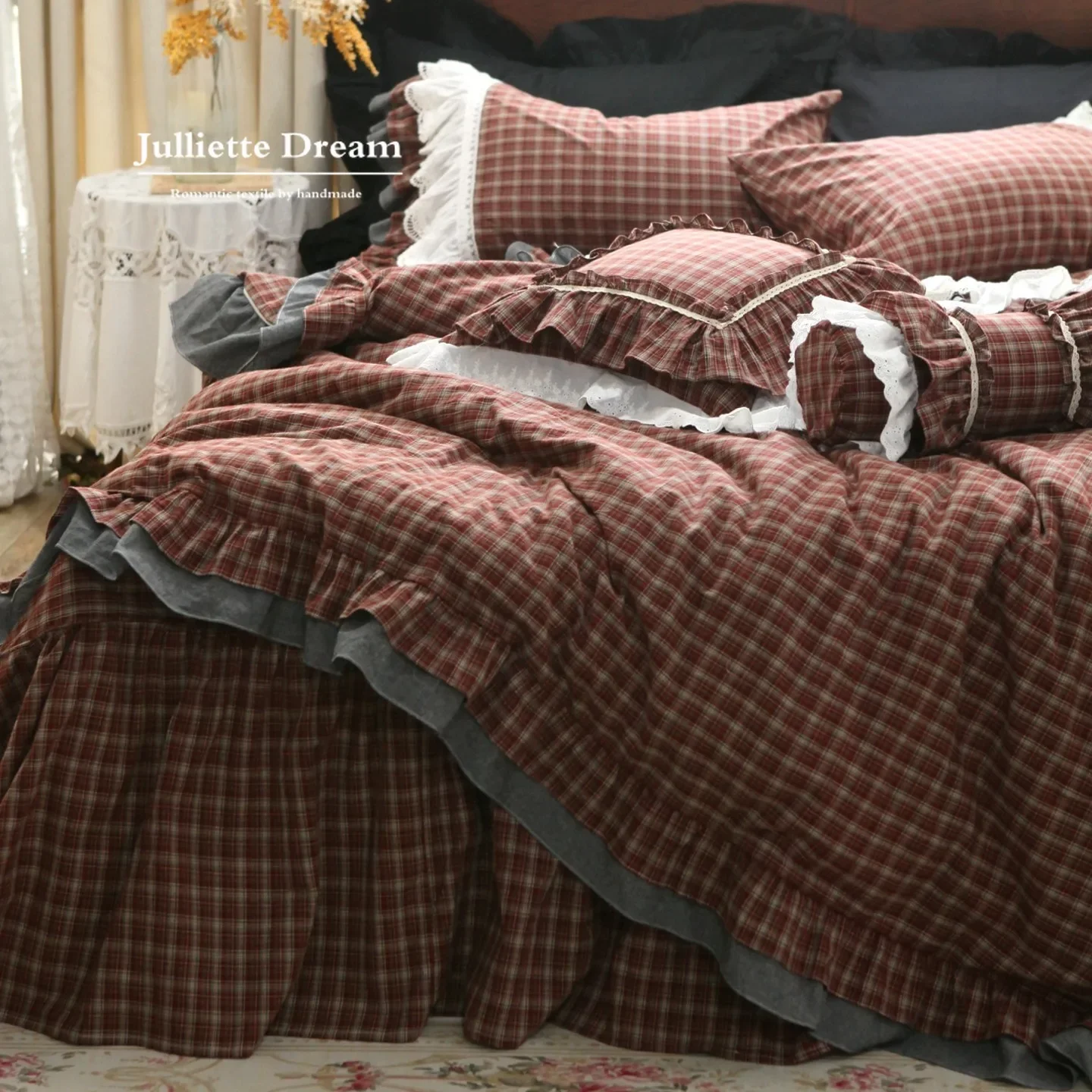 French Style Plaid with Lace Bedding Set 100% Cotton Yarn Dyed Duvet Cover and Bed Skirt 4pcs Yarndyed Bed Set Pillowcase