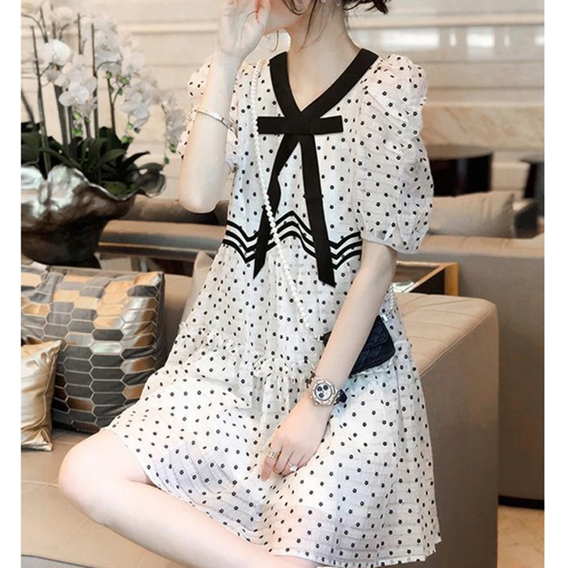 

Sweet Loose Printed Folds Lace Up Bow Polka Dot Mini Dress Female Clothing Summer New Puff Sleeve Princess Dress
