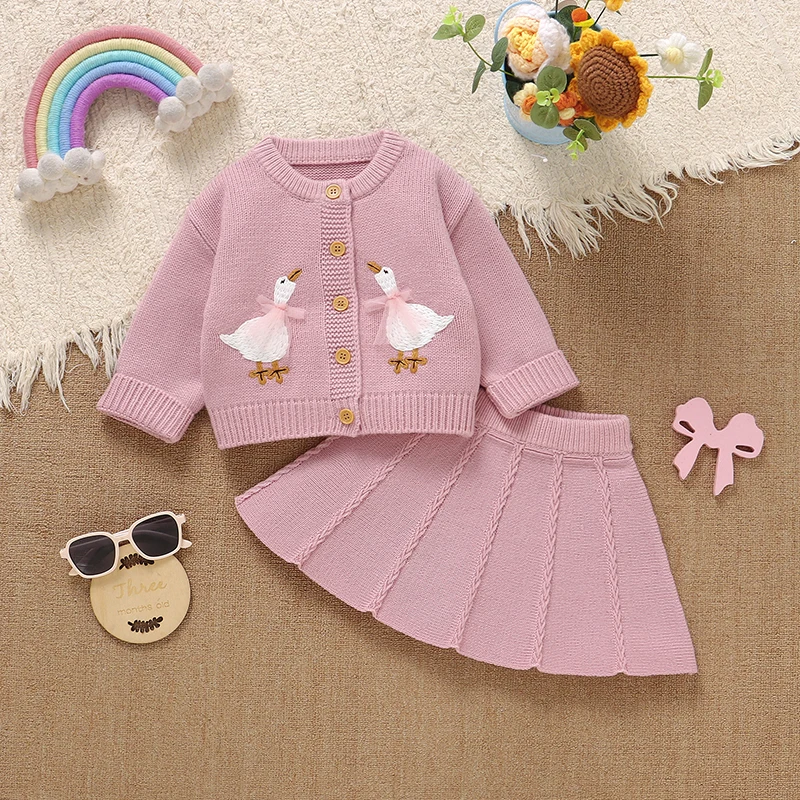 Baby Clothes Sets Knitted Cute Cartoon Goose Infant Sweater Long Sleeve +Skirt 2PCS  Newborn Girl Cardigan +Dress 6M-3YOuterwear