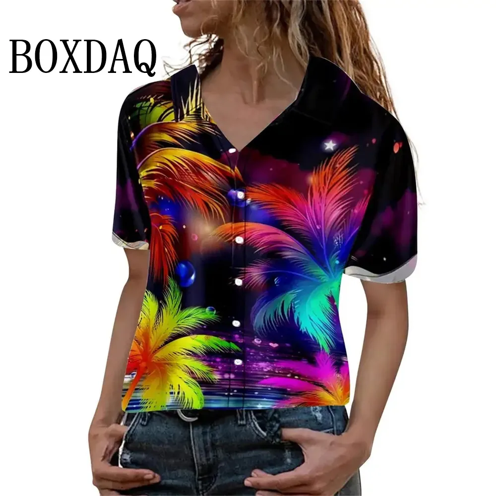 Moda verão blusa feminina artística havaiana palmeira impressão manga curta lapela casual botão camisa topos feminino camisa havaiana