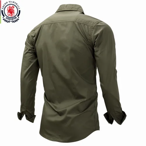Imagen 2 del producto Fredd Marshall 2023 Camisa militar de moda de manga larga con múltiples bolsillos camisas casuales ropa de marca verde militar Camisa Masculina 117