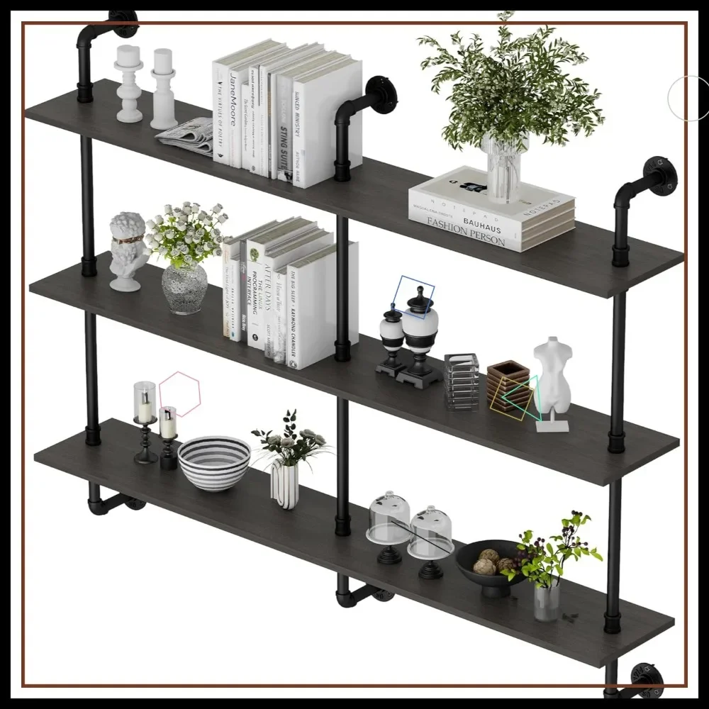 

3-Tier Industrial Floating Shelf 60 inch Wall-Mounted Storage Rustic Wood Black for Kitchen Office Bathroom Home Decor