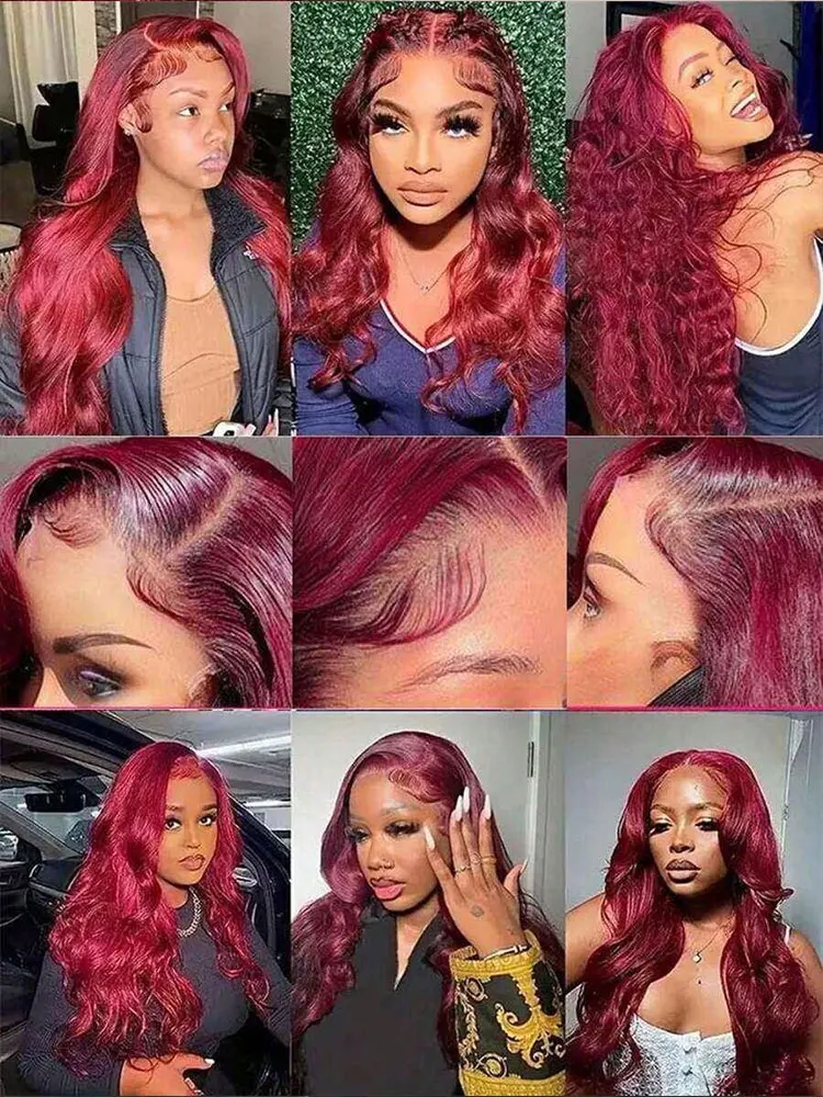 99J Burgund 13x4 HD Transparent Spitze Frontal Perücke Echthaar Körperwelle Echthaar 99j Farbige Perücke Für Frauen 250% Dichte