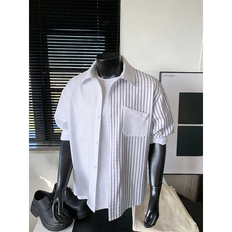 Men 2026 Autumn New Color‑Block Stripe Spliced Long Sleeve Shirt Lapel Chest Pocket Loose Casual Daily Male Blouse Tops