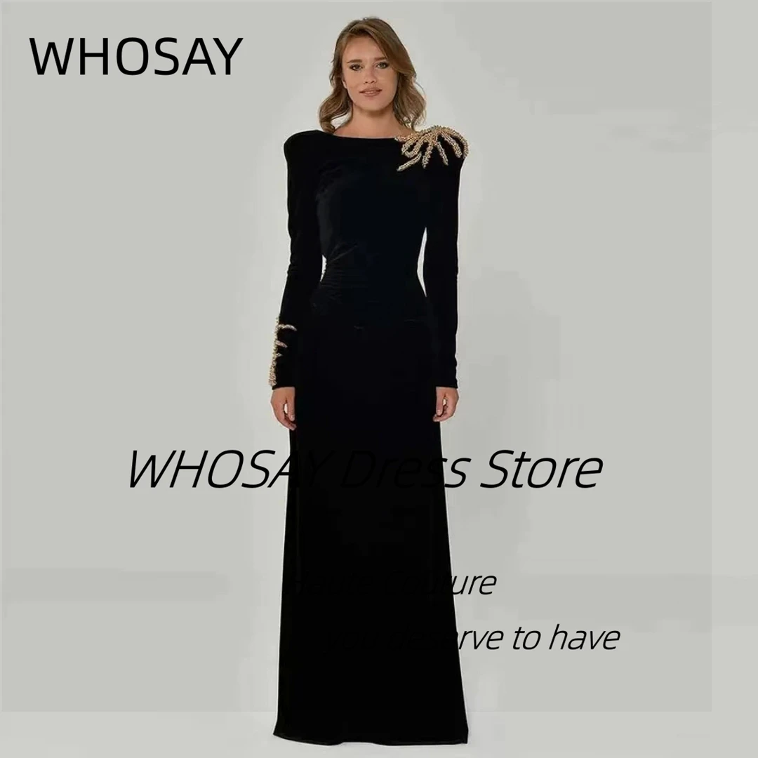 WHOSAY Luxury Beaded Evening Dresses 2024 Black Side Slit Haute Couture Party Gowns Sexy Backless Long Sleeves Prom Dress