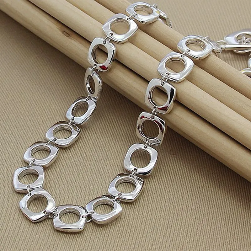 

925 Sterling Silver Square Round Chain Necklace For Women Man Charm Wedding Engagement Party Fashion Jewelry