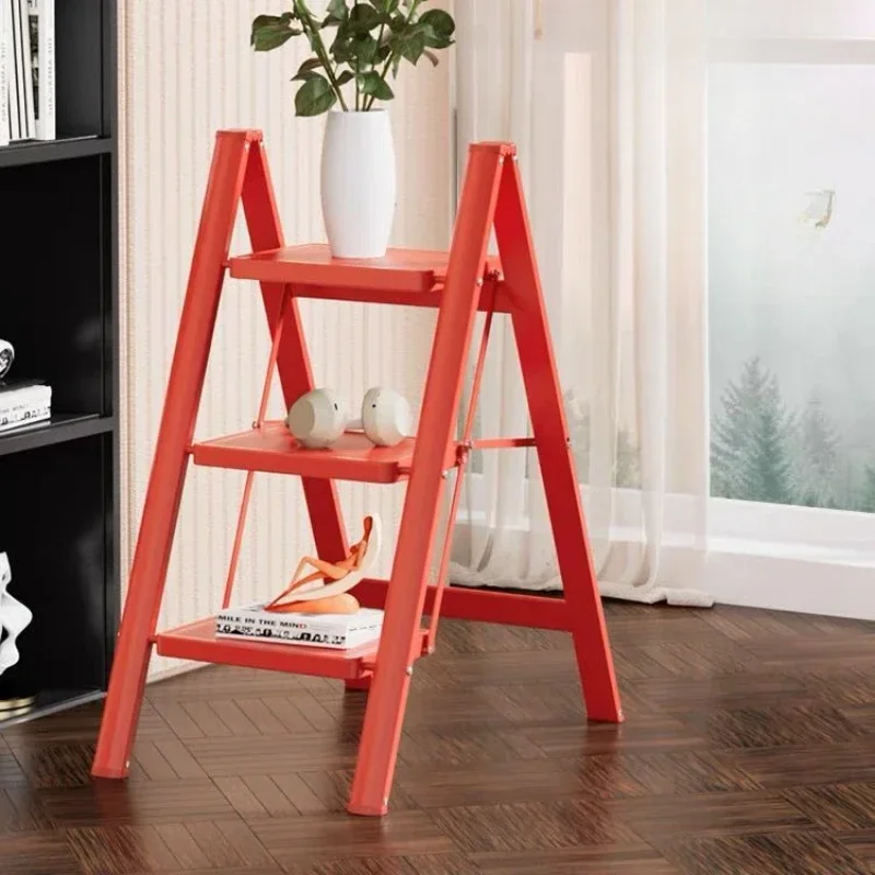 Red Home Folding A-frame Indoor Multi-Function Step Stool Balcony Plant Holder Metal Widened Storage Rack Colorful Utility