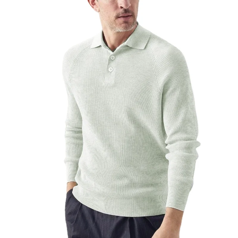 Men's Polo Long Sleeve Sweater Autumn and Winter Solid Color Lapel Sweater Bottom Male Top