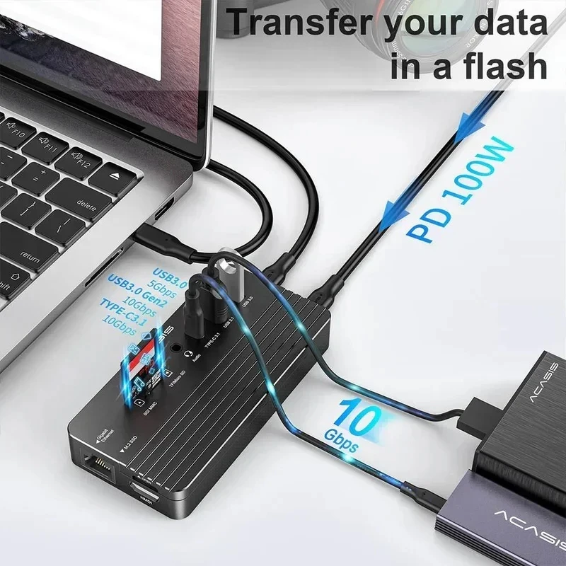 ACASIS 10-in-1 USB C 도킹 스테이션 10Gbps M.2 NVMe SSD 인클로저용 4K@60Hz HDMI 100W PD RJ45 기가비트 이더넷…