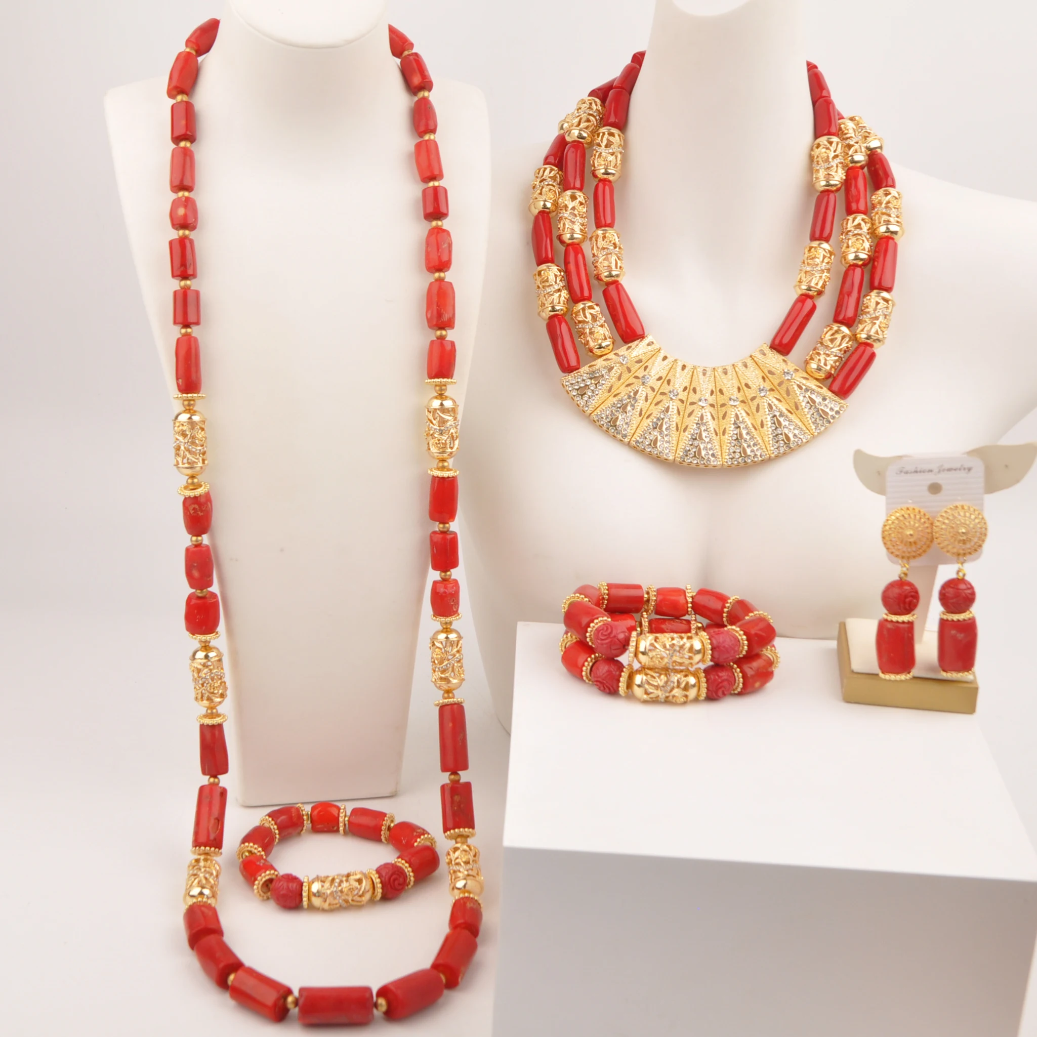 48inches Groom Necklace and 18inches Coral Bead Bride Jewelry Nigerian Wedding Set