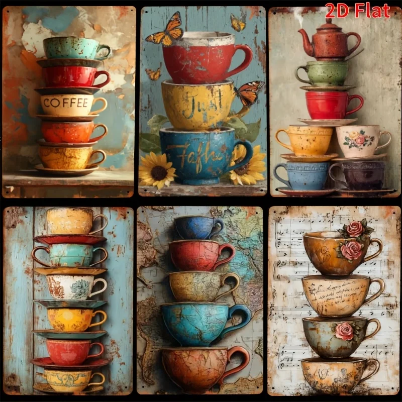 2D Flat - 2D Plane, 6pcs Set, Metal Label, Classic Poster Wall Decoration, Retro Art Cup Decorative Board, Bar Living Room Kitch