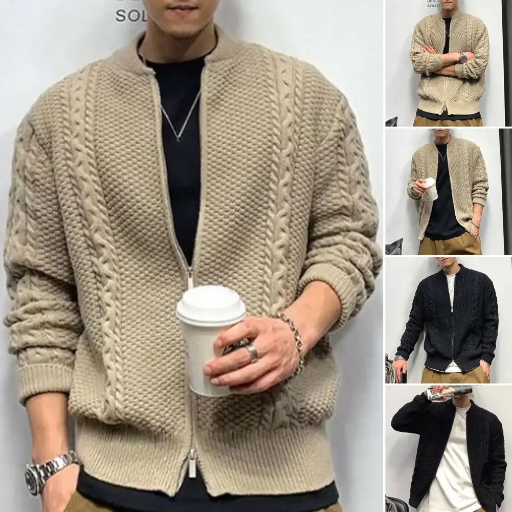 Knitted Sweaters for Men Cardigan Knit Thick Elastic Long Sleeves Loose Warm Solid Color Zip-up Knitwear Sweater Coat