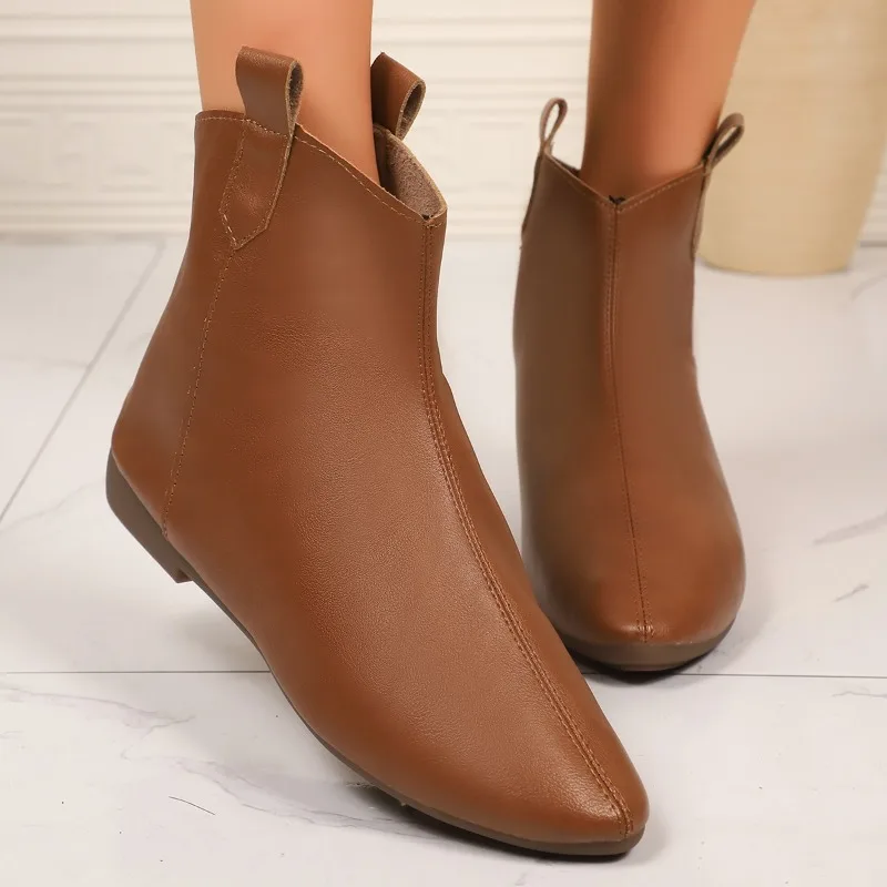 

Замшевые ботинки для женщин, женские однотонные короткие ботинки в стиле ретро с острым носком из мягкой кожи на плоской подошве, повседневные Zapatos De Mujer