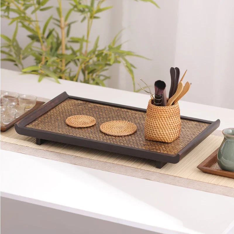 

Bamboo Braided Tea Pot Dark Wood Tray Rectangular Chinese Serving Tea Tray Drainage Mat Bandejas Decorativas Daily Supplies