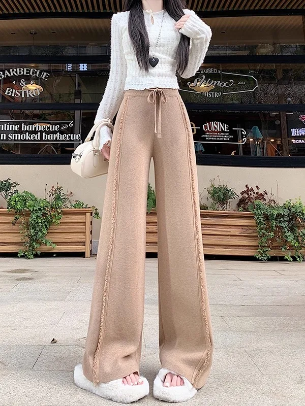 Pantalon large en tricot à franges pour femmes, taille haute, élastique, décontracté, jambe droite, long, automne-hiver, nouveau, longueur au sol