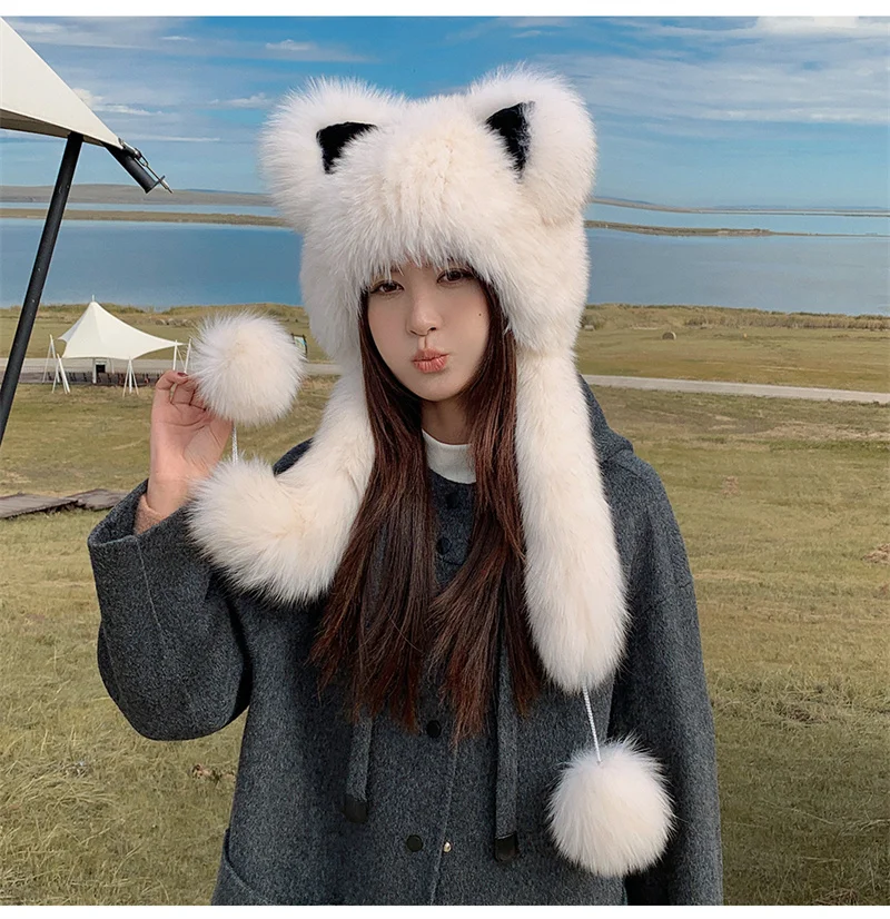 

Fox Fur Scarves Hat Cute Teddy Bear Hat Integrated Fur Hat Wind Snow Hat Women's Winter Warmth Long Real Fur Hooded Scarf Hats