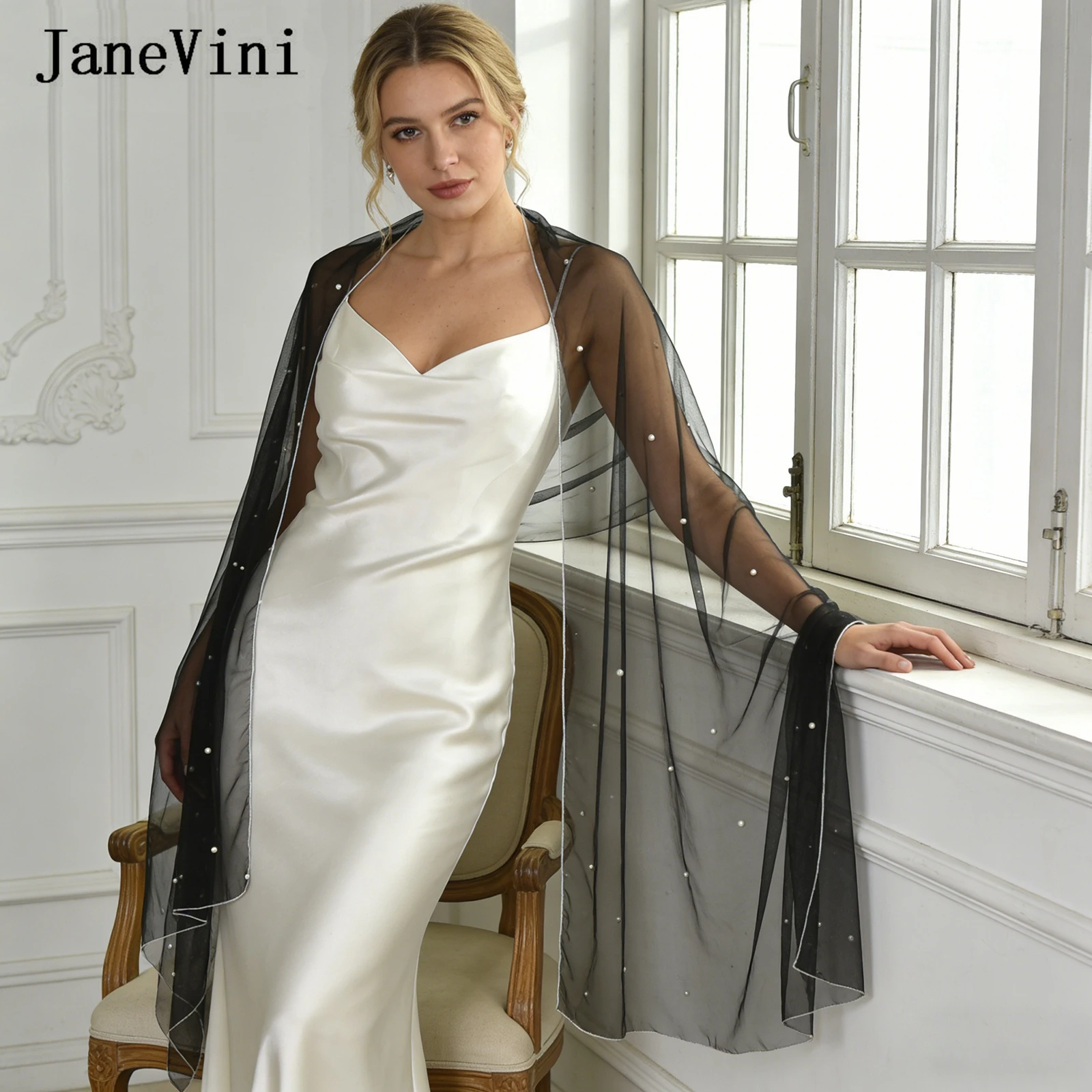

JaneVini Gothic Black Pearl Tulle Bridal Cape Sheer Wedding Shawl Elegant Women Shrug Bolero Scarf Wrap Formal Hochzeit Schal