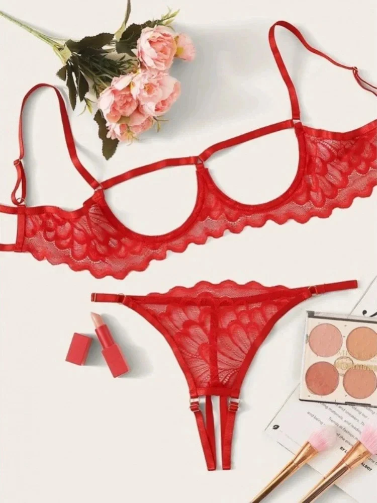 Women Underwear Set Open Breast Steel Ring Bra Open Crotch Panties G-string Lac… - Image 2