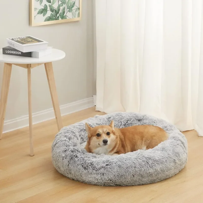 Calming Donut Dog Bed, 30 Inches Round Fluffy Dog Beds for Medium Dogs, Anti-Anxiety Plush Dog Bed, Machine Washable