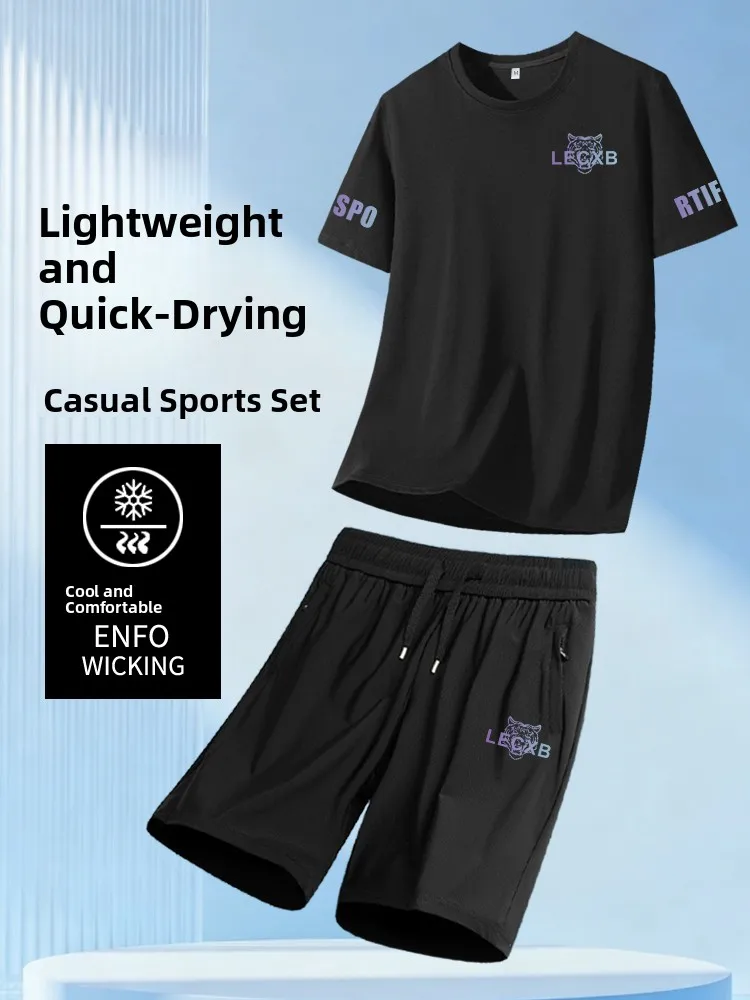 high-end-european-style-ice-silk-men's-summer-sportswear-short-sleeve-shorts-quick-dry-running-suit-two-piece-set-casual-spor