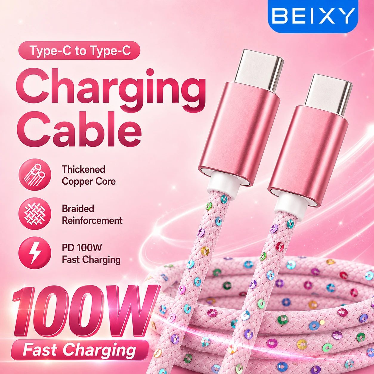 Кабель Beixy USB C на Type C 3M PD 100W для сверхбыстрой зарядки iPhone 17 16 15, Macbook Pro, Samsung, Xiaomi, удлинительный кабель для передачи данных.