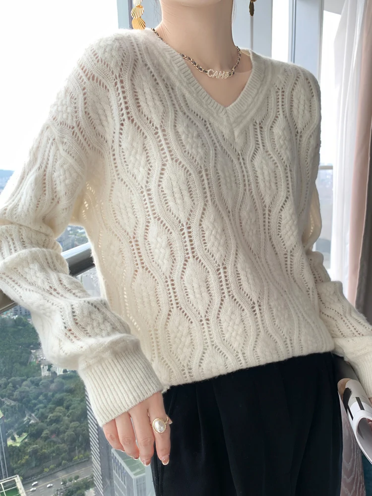 CHICUU Women Cashmere Sweater V-neck Pullover Hollow Out Cable Knitting 100% Merino Wool Knitwear Autumn Winter Female Clothing